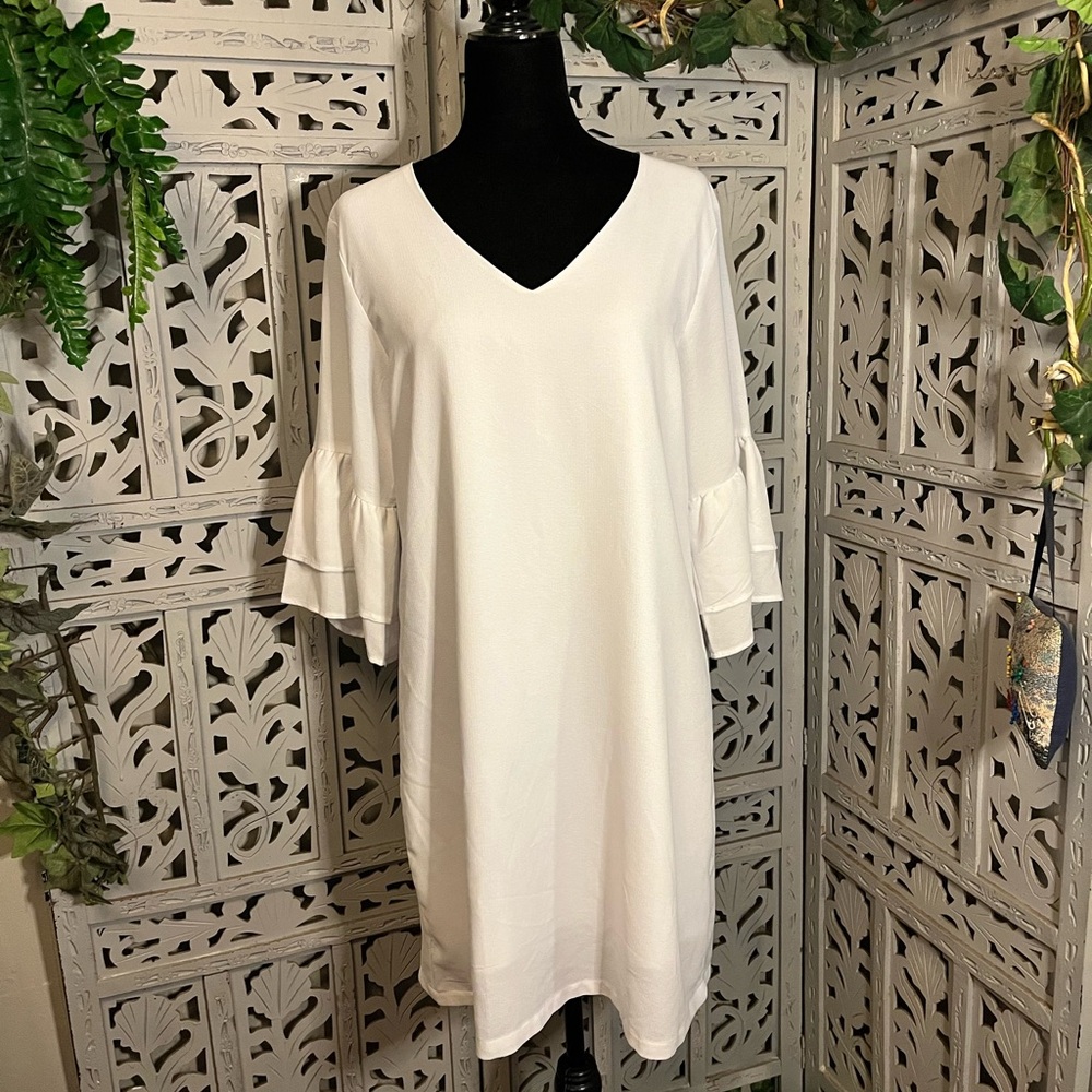 Classic V-Neck White Midi Dress with Ruffle Sleeves